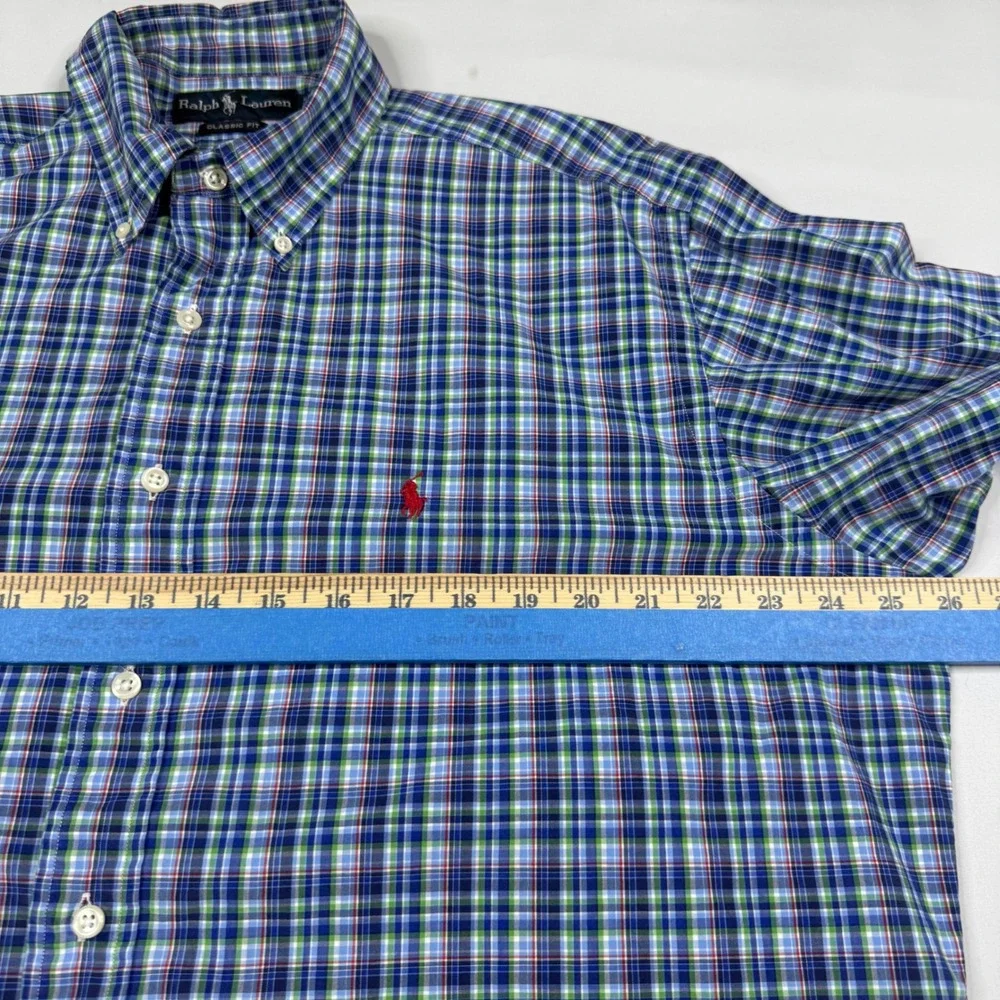 Polo Ralph Lauren Button Down Shirt Mens Large Blue Green Plaid Classic Fit